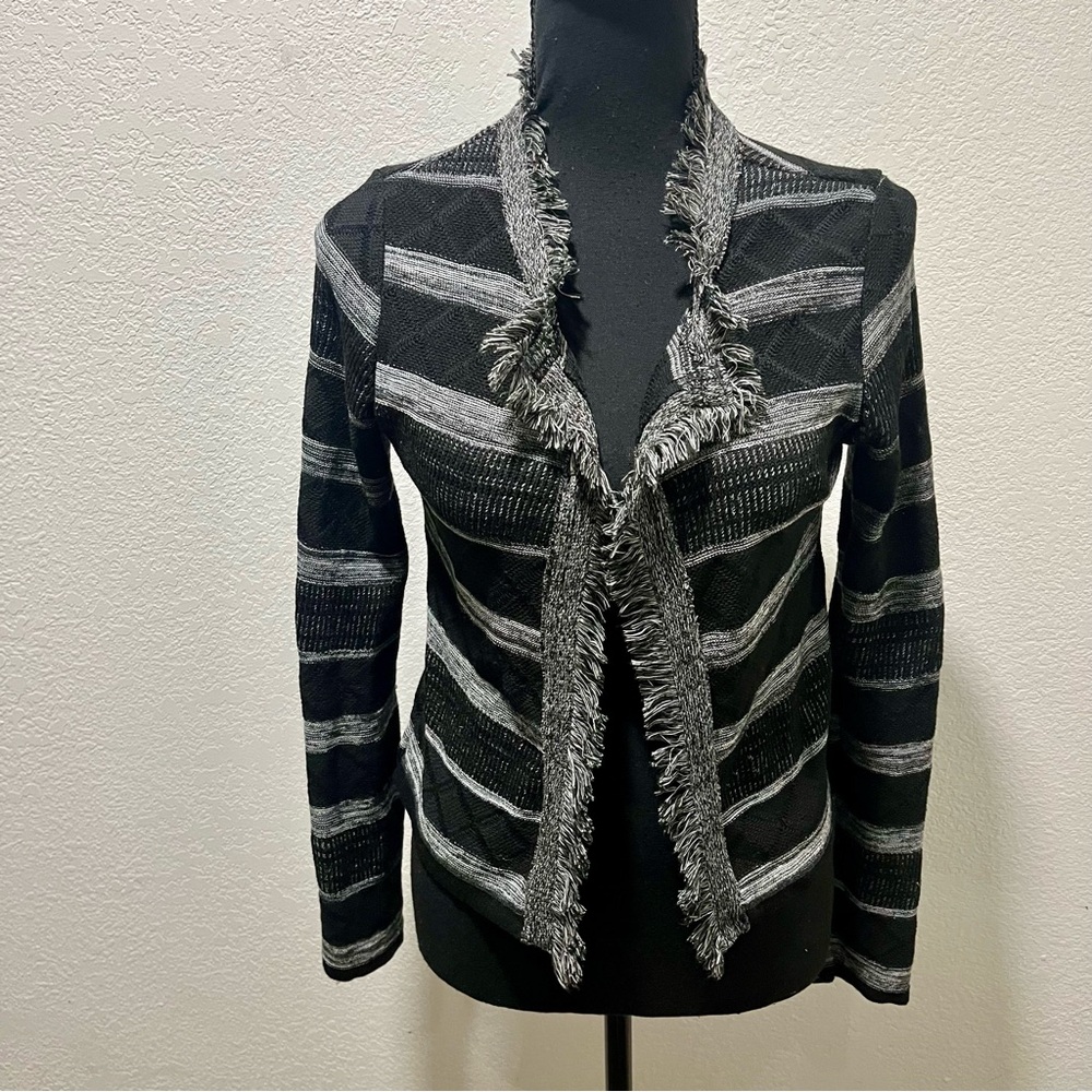 Americana Black and Gray Striped Knit Open Cardigan with Fringe